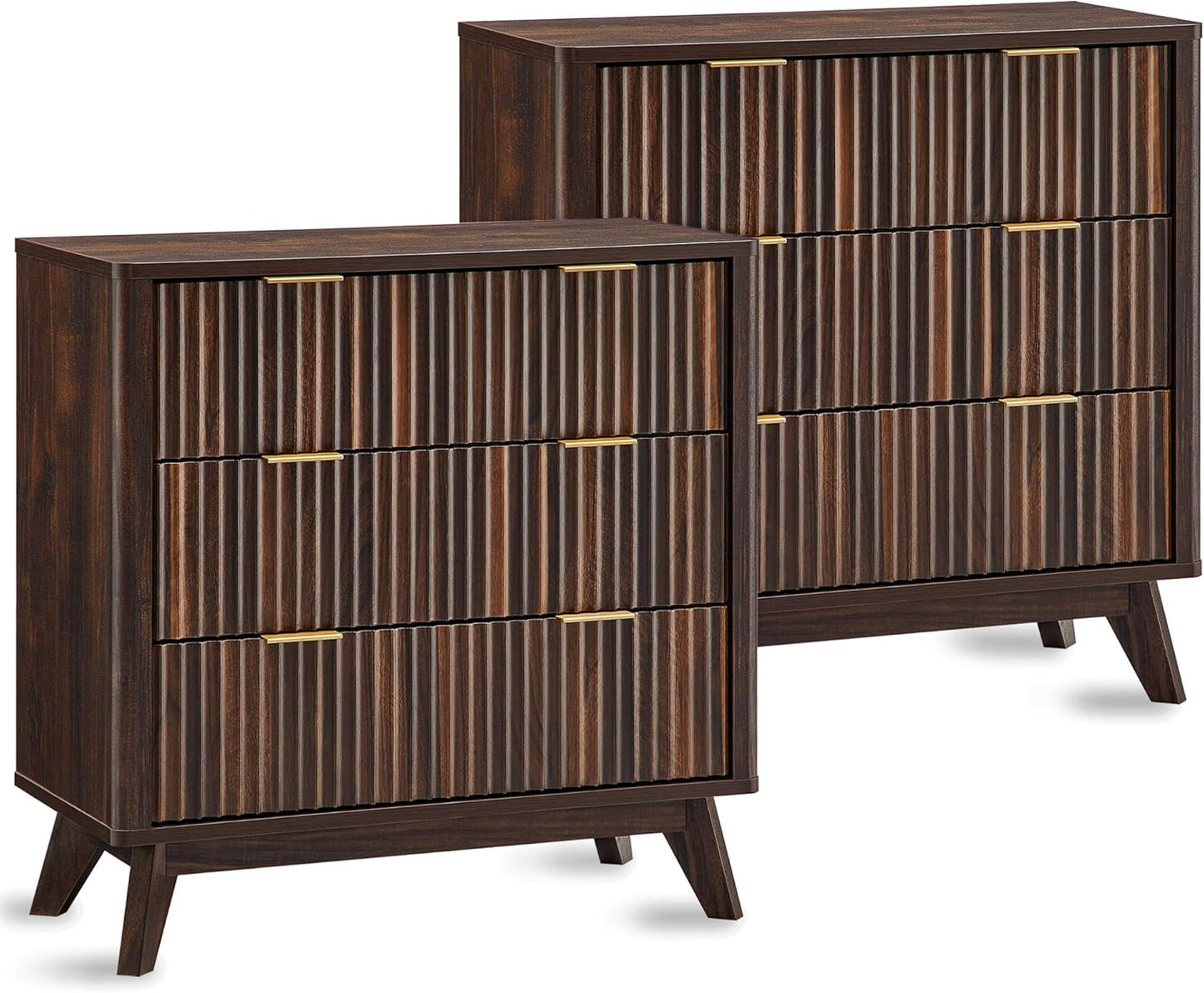 T4TREAM 32" Tall Fluted Nightstand Set of 2, Modern Side Table, 3 Drawers End Table w/Storage, Bedside Table for Bedroom, Living Room, Curved Profile Design, Dark Walnut