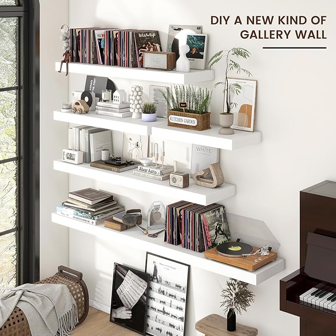 Floating Shelves - 2 Large Wall Mounted Shelves with Invisible Brackets, Long Wood Floating Wall Shelf for Living Room, Bedroom, Kitchen (White, 24" W x 9" D x 1.5" H)