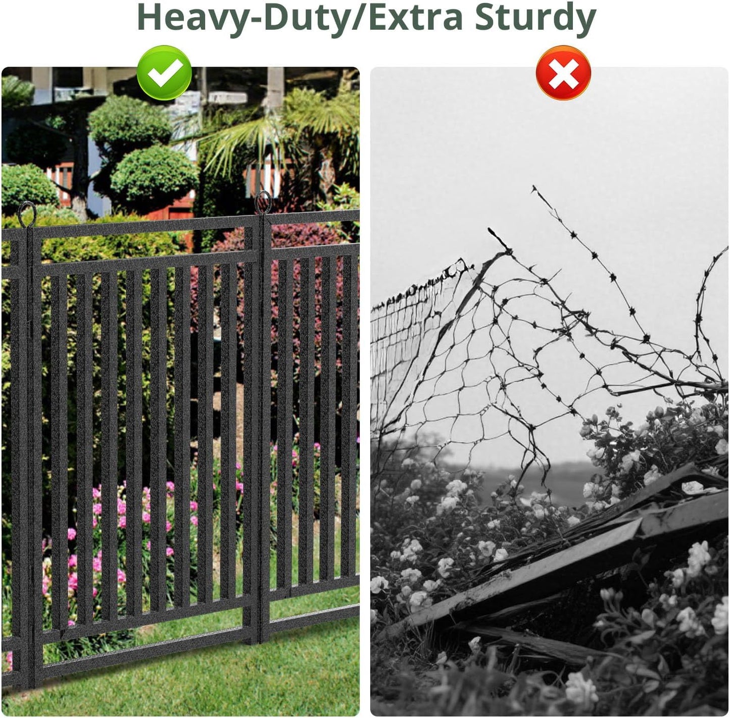 Decorative Garden Fence Metal Dog Fence Outdoor for Yard, 110ft (L) × 32in (H), 42 Panels + 6 Gates, Rustproof Animal Barrier Fencing for Patio & Flower Bed, No Dig, Black-Silver