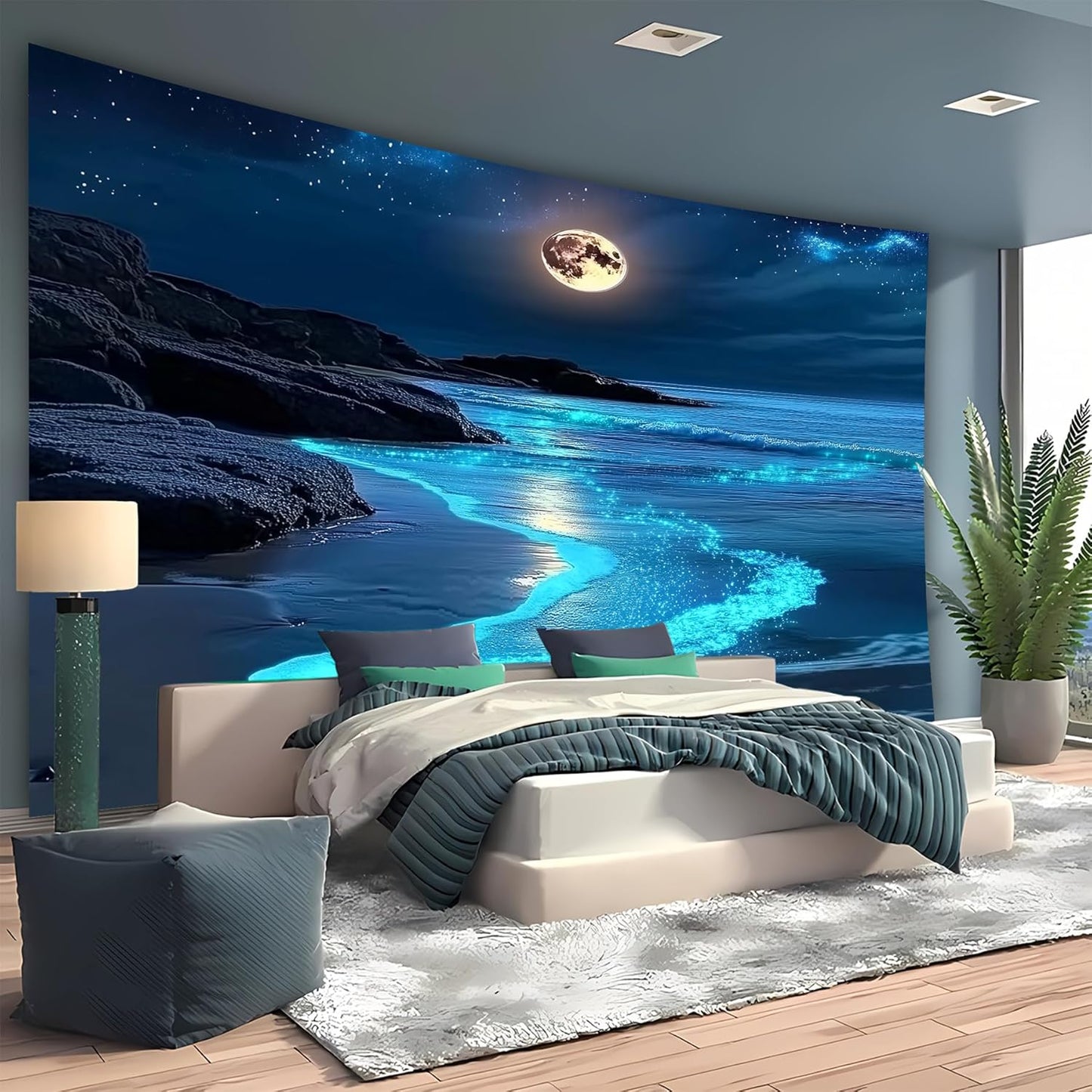 Nature Tapestry Forest Tree Sea Cave Wall Hanging, Stream Through Rainforest Landscape Wall Art Tapestry for Bedroom Living room (Blue Tears, 90"×70", Unframed)