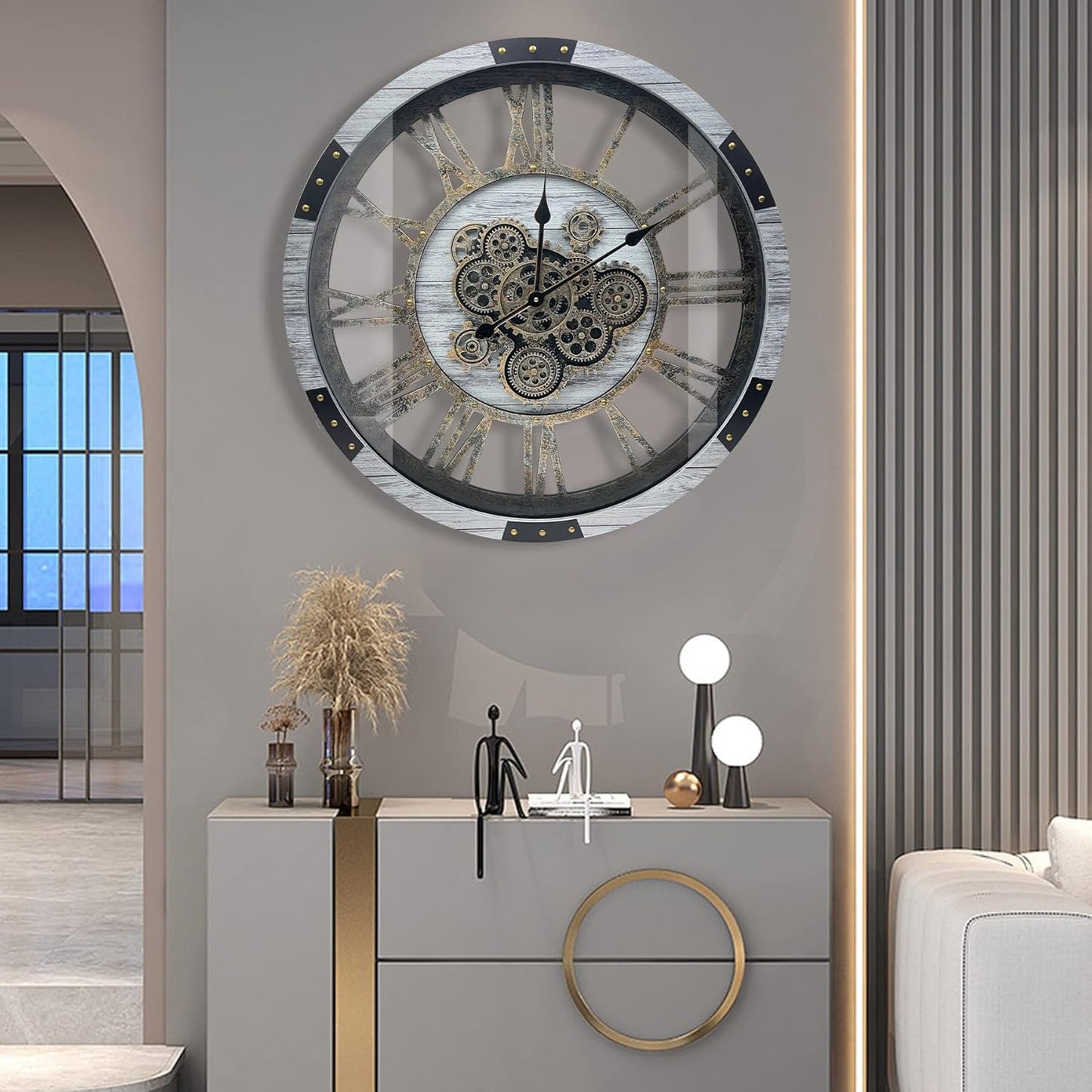 DORBOKER 30" Original Moving Gears Wall Clock, Large Industrial Wall Clock for Living Room Decor, Solid Wood Vintage Farmhouse Steampunk Rustic Clocks for Wall Decor,Silver Grey