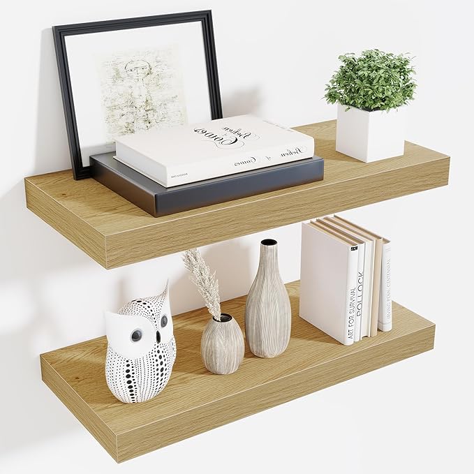 Fun Memories 24 Inch Floating Shelves Wall Mounted, 10 Inch Deep Wall Shelves, 24 x 10 Floating Shelf for Living Room Bathroom Bedroom, Oak, Set of 2