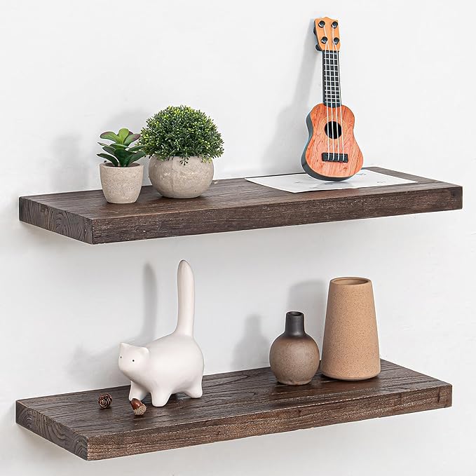 Fun Memories Floating Shelves for Wall, 24 Inch Floating Shelves Wall Mounted, Rustic Elm Wood Shelf, Heavy-Duty Storage Shelves for Books, Bathroom, Kitchen, Walnut Finish, Set of 2