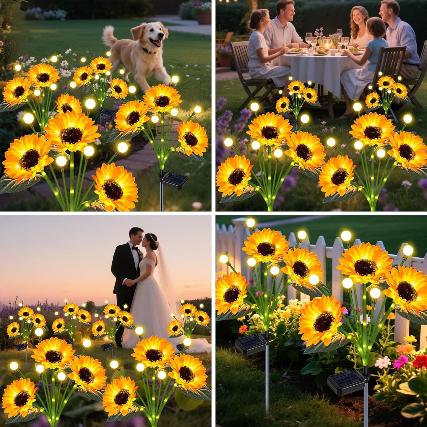 Solar Garden Lights Outdoor - Upgraded 4 Pack Solar Sunflowers Outdoor Waterproof with Firefly Lights,Garden Decor for Outside Yard Patio Lawn, Gardening Gifts for Mom Women Grandma