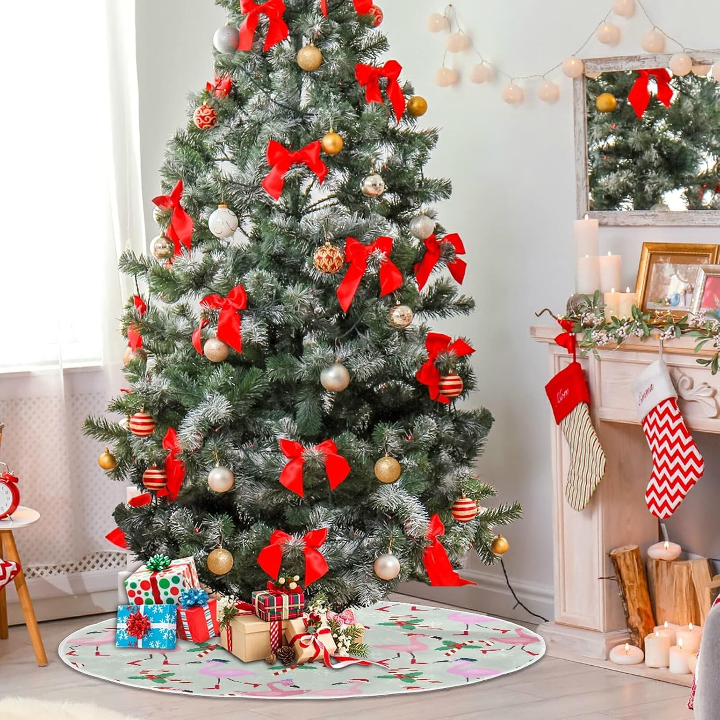 Christmas Flamingo Candy Tree Skirt, Seasonal Tree Mat Holiday Party Supplies Ornaments Indoor Outdoor Decorations for Tabletop Trees 35.4 Inches