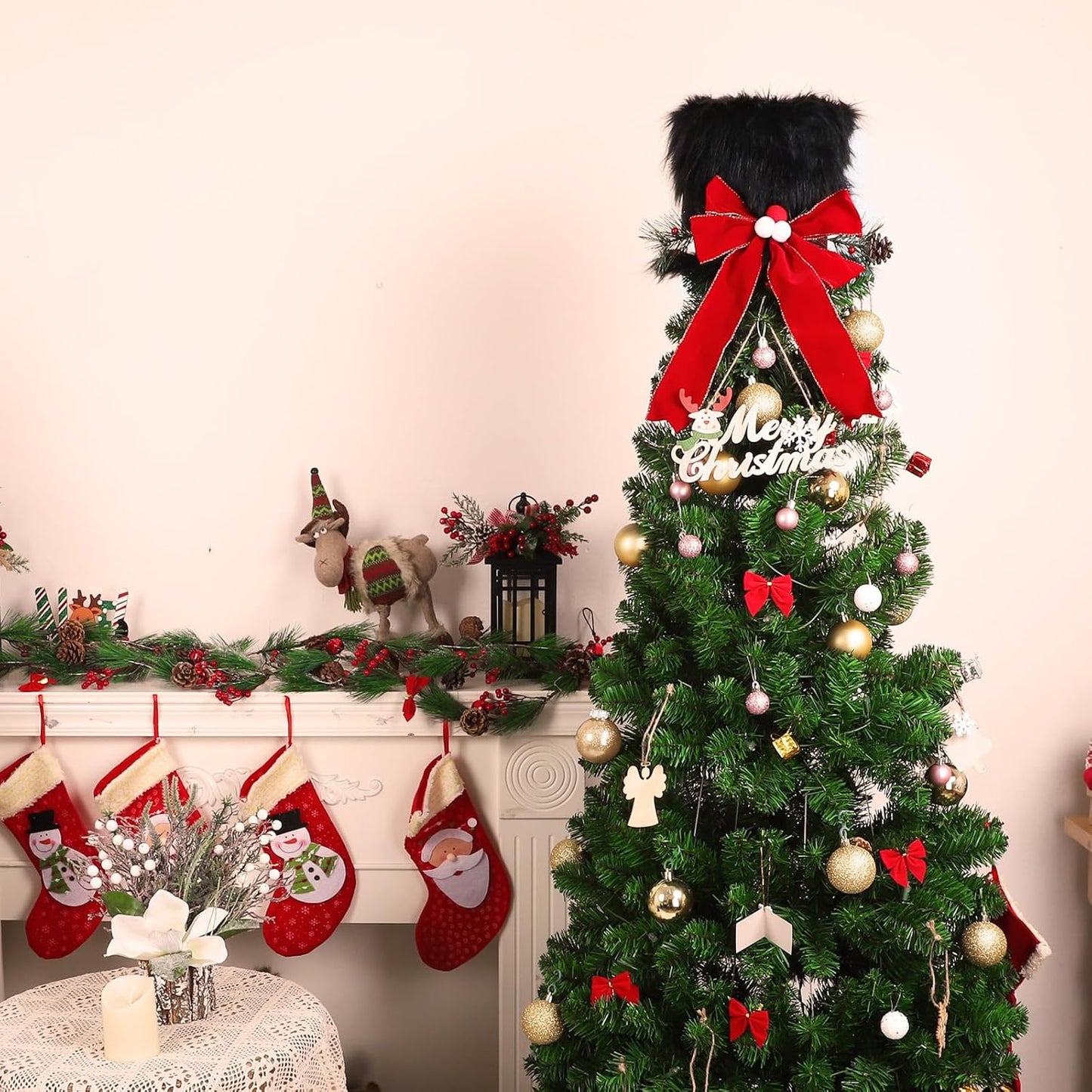 Christmas Tree Topper Hat with 3D LED Rotating Snowflake Projector, Black Plush Tree Toppers Red Bow Decorations for Christmas Tree Holiday Winter Party Home Indoor Decorations