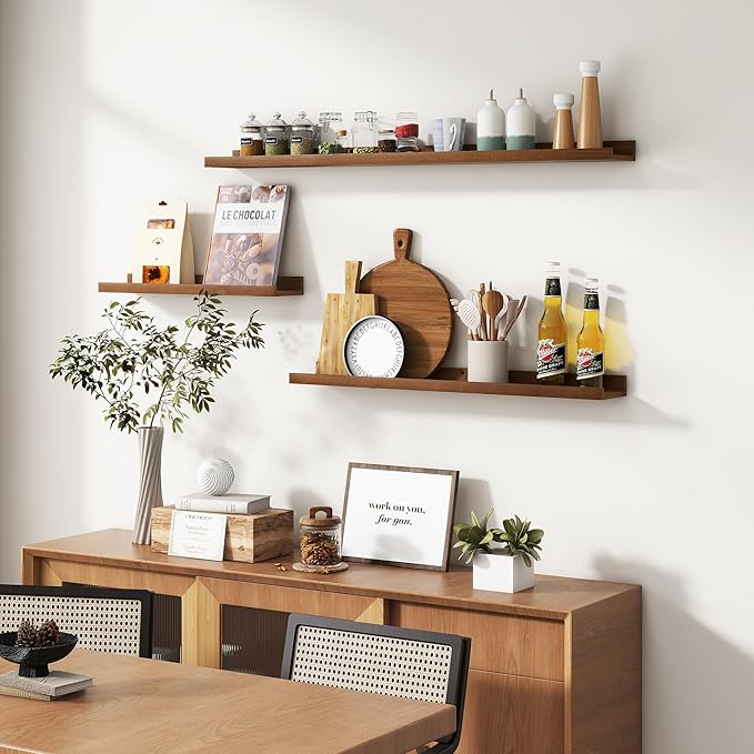 Picture Ledge Wall Shelves 36 inches Width Set of 3, Solid Pine Wood Rustic Floating Ledge Shelves for Wall for Kids' Room Bedroom Kitchen Bathroom Living Room Nursery Display Wall Decor, Walnut