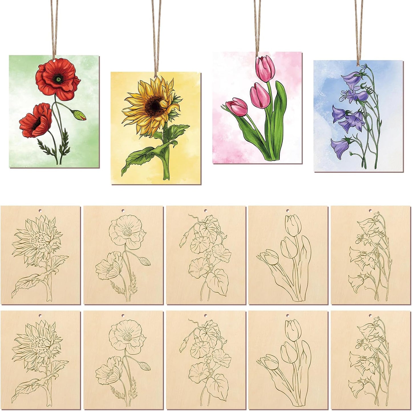 COCHIE 10 Pieces Large Flowers Unfinished Wood Crafts to Paint for Adults and Kids, Bulk Predrilled Wooden Ornaments for Painting, Tulips Flower Paintable Wood Slices Craft Supplies with Ropes