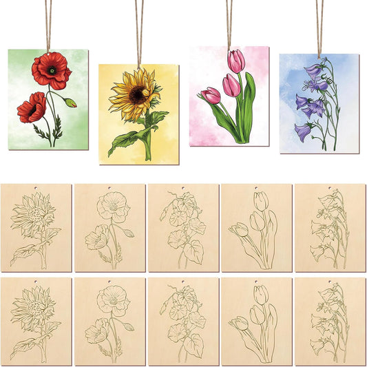 COCHIE 10 Pieces Large Flowers Unfinished Wood Crafts to Paint for Adults and Kids, Bulk Predrilled Wooden Ornaments for Painting, Tulips Flower Paintable Wood Slices Craft Supplies with Ropes