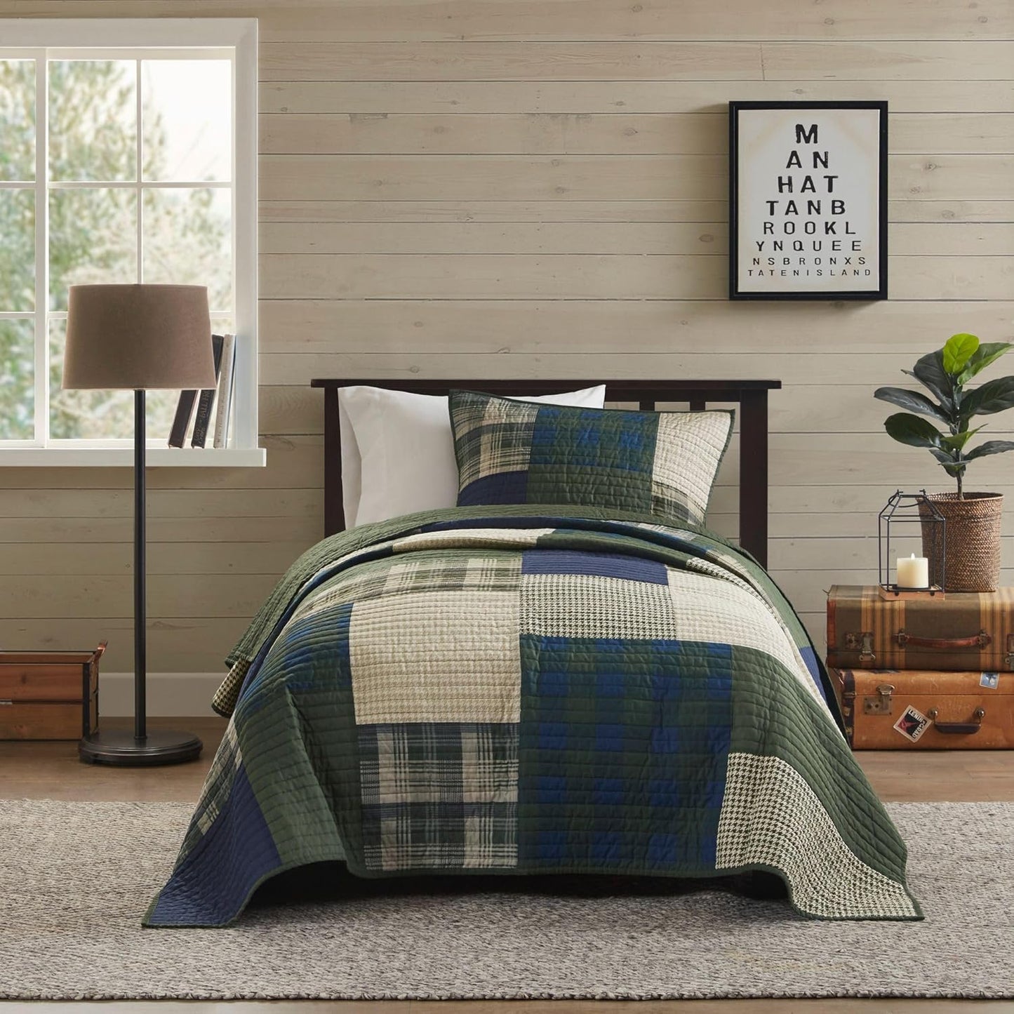 Woolrich Quilt Set Patchwork Channel Quilting, Cottege Coverlet for Twin Size Bed All Seasons, Lightweight Prewashed Cotton Coverlet Bedspread, Shams, Mill Creek, Oversized Twin/Twin XL Green 2 Piece