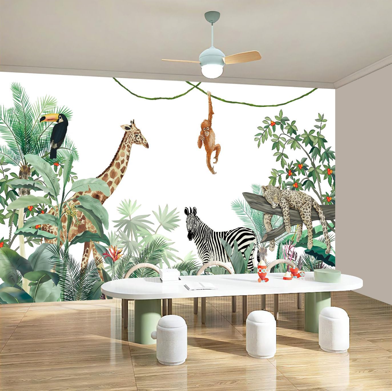 WFBHUA-Kids Safari Wallpaper Tropical Jungle Botanical Leaf Wall Mural for Nursery Boys Bedroom Girls Bedroom Playroom (Not Peel and Stick)