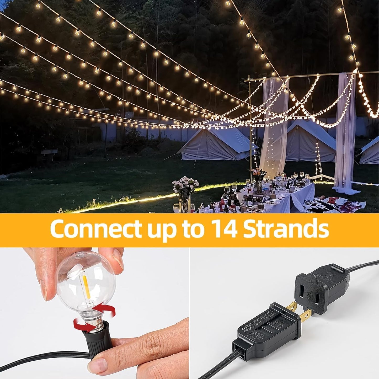 100FT G40 LED Outdoor String Lights with 50 Shatterproof Bulbs + 2 Spares, E12 Socket, 2700K Warm White, Weatherproof Black Cable, for Patio, Backyard, Wedding, Party, Porch, Deck, Gazebo, Camping