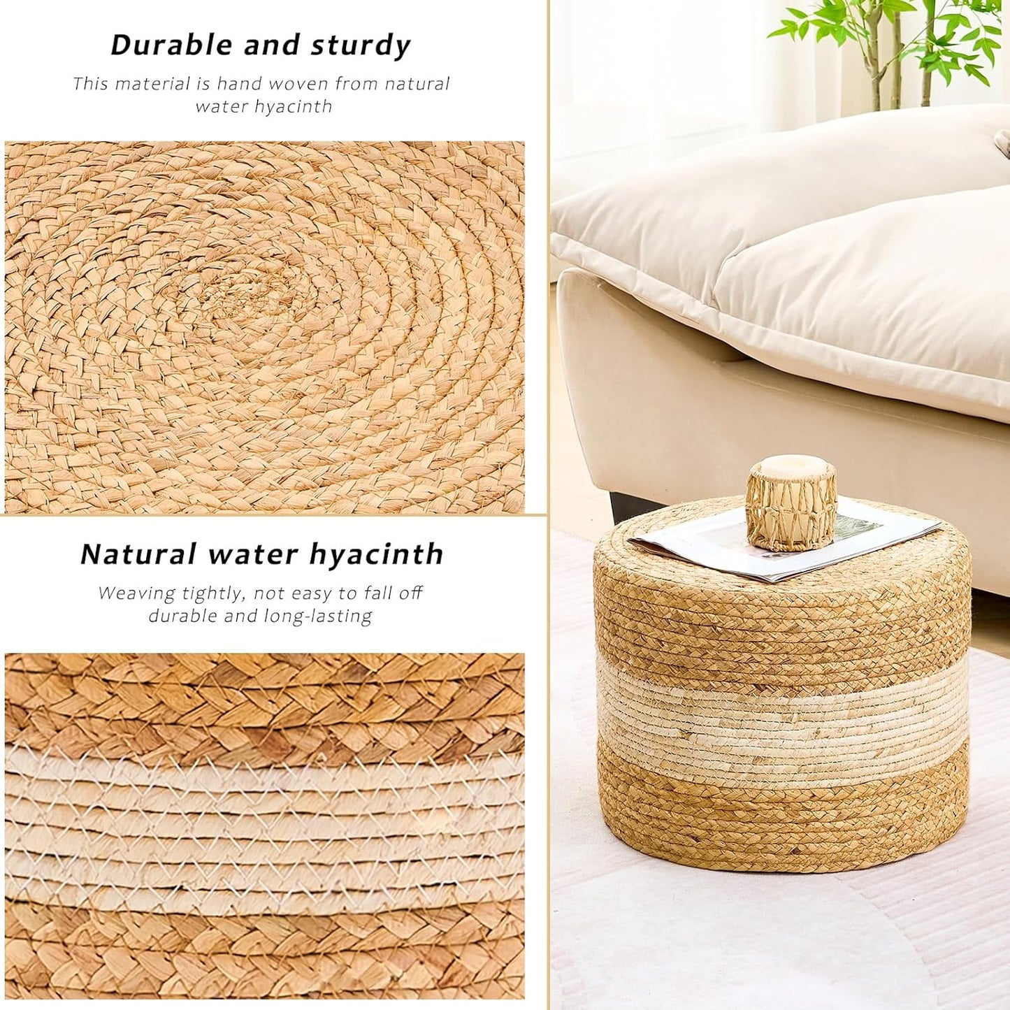 Handwoven Water Hyacinth Ottoman Pouf, Round Outdoor Footstool with Sturdy Frame, No Assembly Needed, Boho Accent Stool for Indoor & Outdoor Use – Patio, Balcony, Living Room (White)