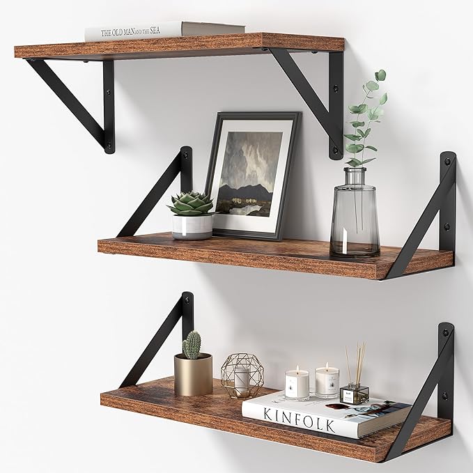 Heimlove Floating Shelves for Wall, 16 Inch Long Wood Floating Shelves Set of 3, Wall Mounted Hanging Shelf for Bathroom Bedroom Kitchen, Rustic Brown