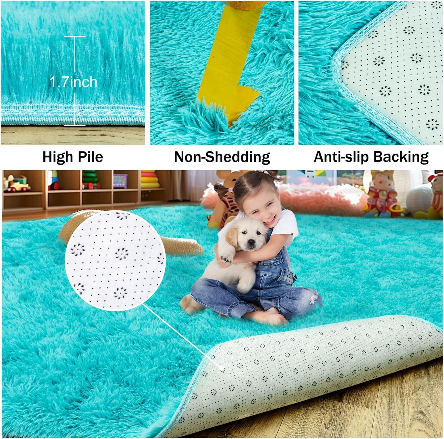 Rezutan Super Soft Fluffy Rug for Living Room Bedroom Large Comfy Modern Shaggy Fuzzy Plush Indoor Nursery Classroom Home Decor Bedside Rug with Non-Slip Bottom,Teal Blue,6 X 9 Feet