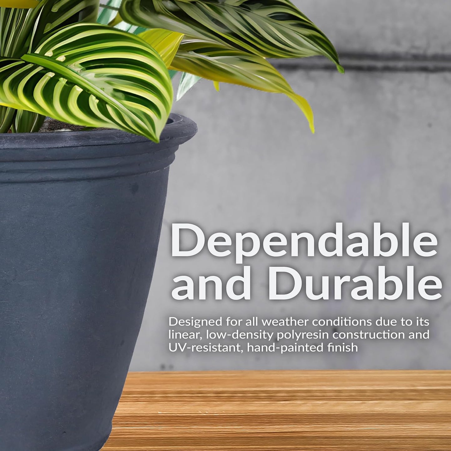 Sunnydaze 24-Inch Anjelica Large Plastic Pot for Plants - Outdoor Polyresin Round Planter with Drillable Drainage Holes - Slate - 2pk