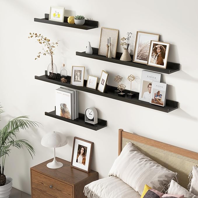 Picture Ledge Wall Shelves - 16 Inch Width Set of 3, Solid Pine Wood Rustic Floating Ledge Shelves for Kids' Room, Bedroom, Kitchen, Bathroom, Living Room, Nursery Display Decor, Black