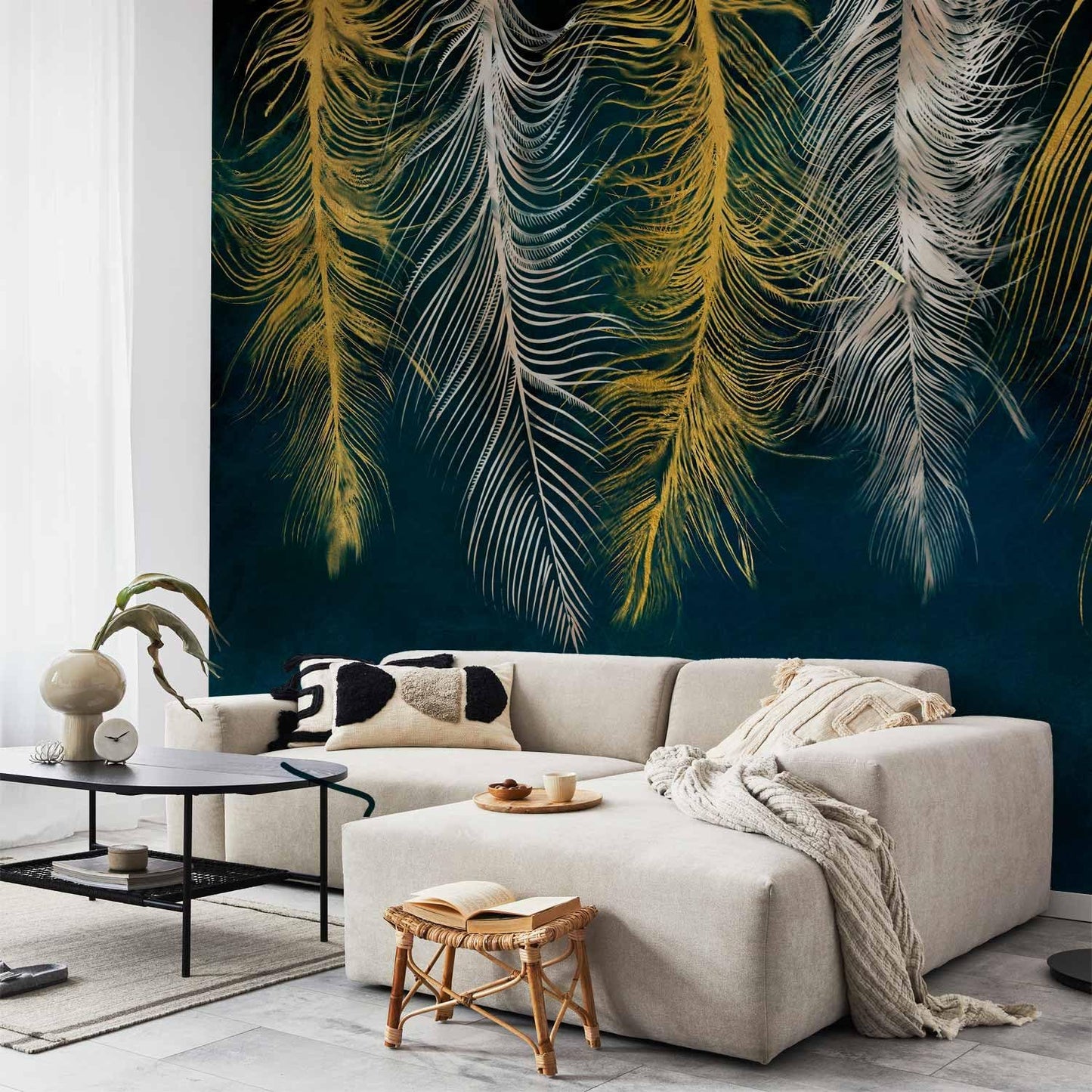 artgeist Wall Mural Feather 118x83 in - XXL Non-Woven Wallpaper Fleece Wall Decor Photo Print Picture Image Design Landscape Abstract Beige Navy Blue b-A-0812-a-a