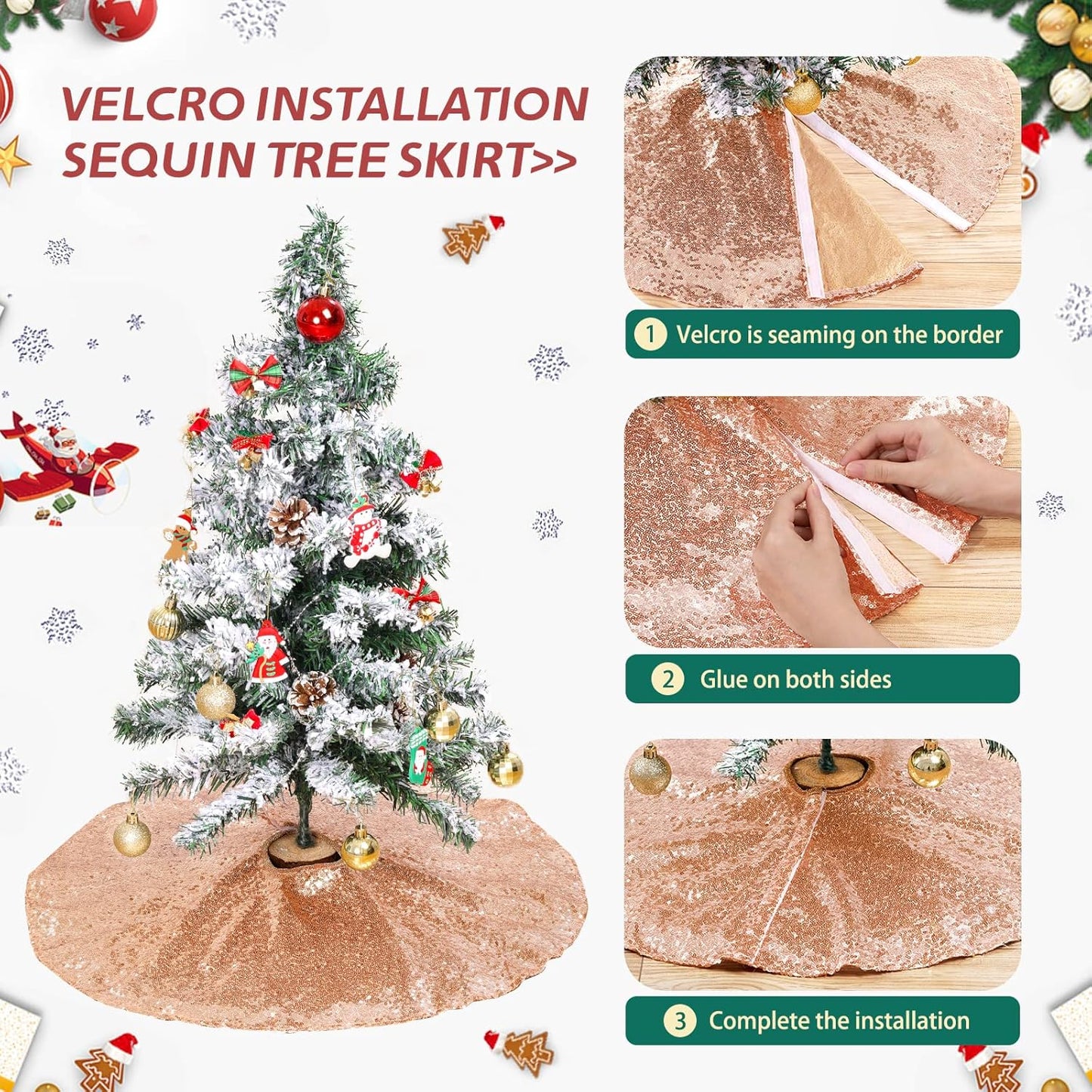 Small Christmas Tree Skirt 36 Inch Rose Gold Tree Skirt Sequin Tree Skirt for Christmas Decorations