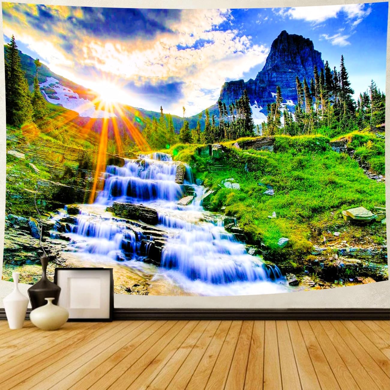 Delur Mountain Waterfall Tapestry Sunset Forest Tree Nature Landscape Tapestry Wall Hanging Tropical Sunrise Rainforest Psychedelic Scenic Headboard for Bedroom Living Room Home Decor (51.2" x 59.1")