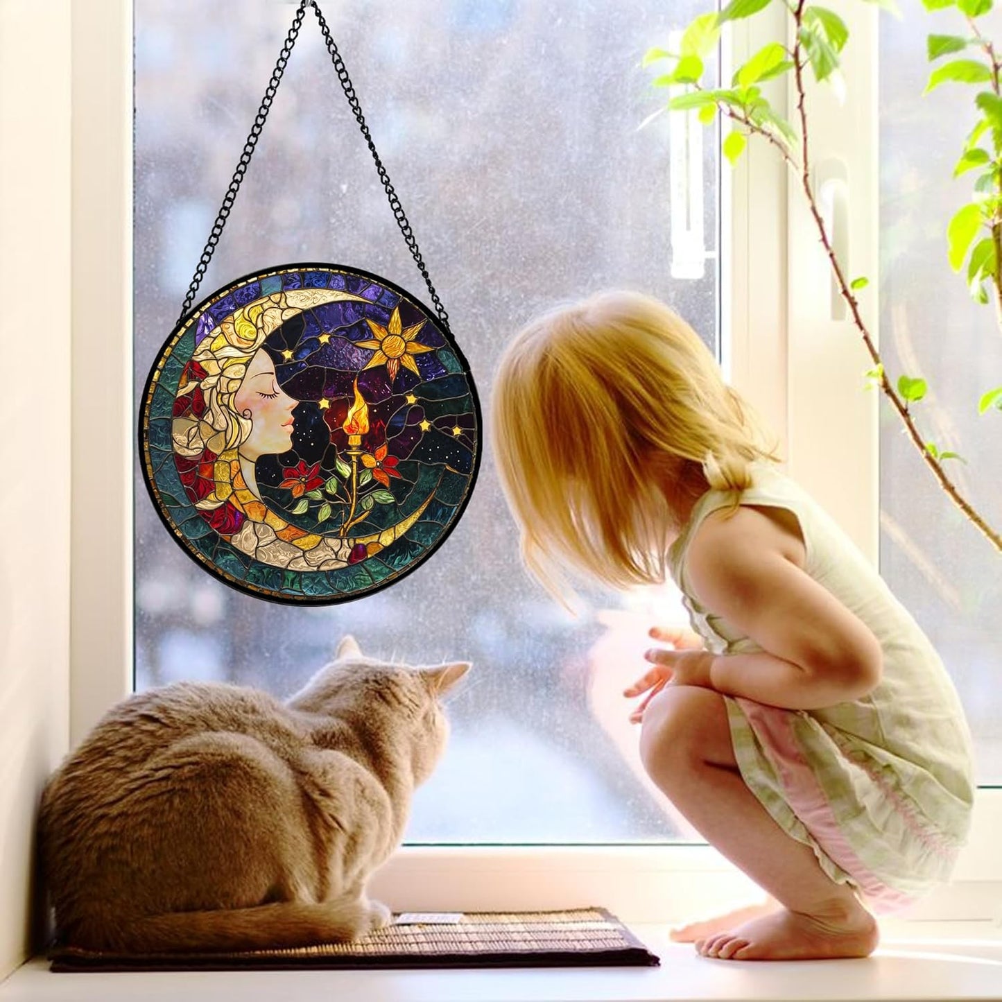 Stained Glass Window Hanging, Moon Goddess Torch Suncatcher Diamond Glass Panel Hangings Dream Sun Catchers Decor for Birthday for Women, Men, Wife, Aunt, and Mom 11.8x11.8 in