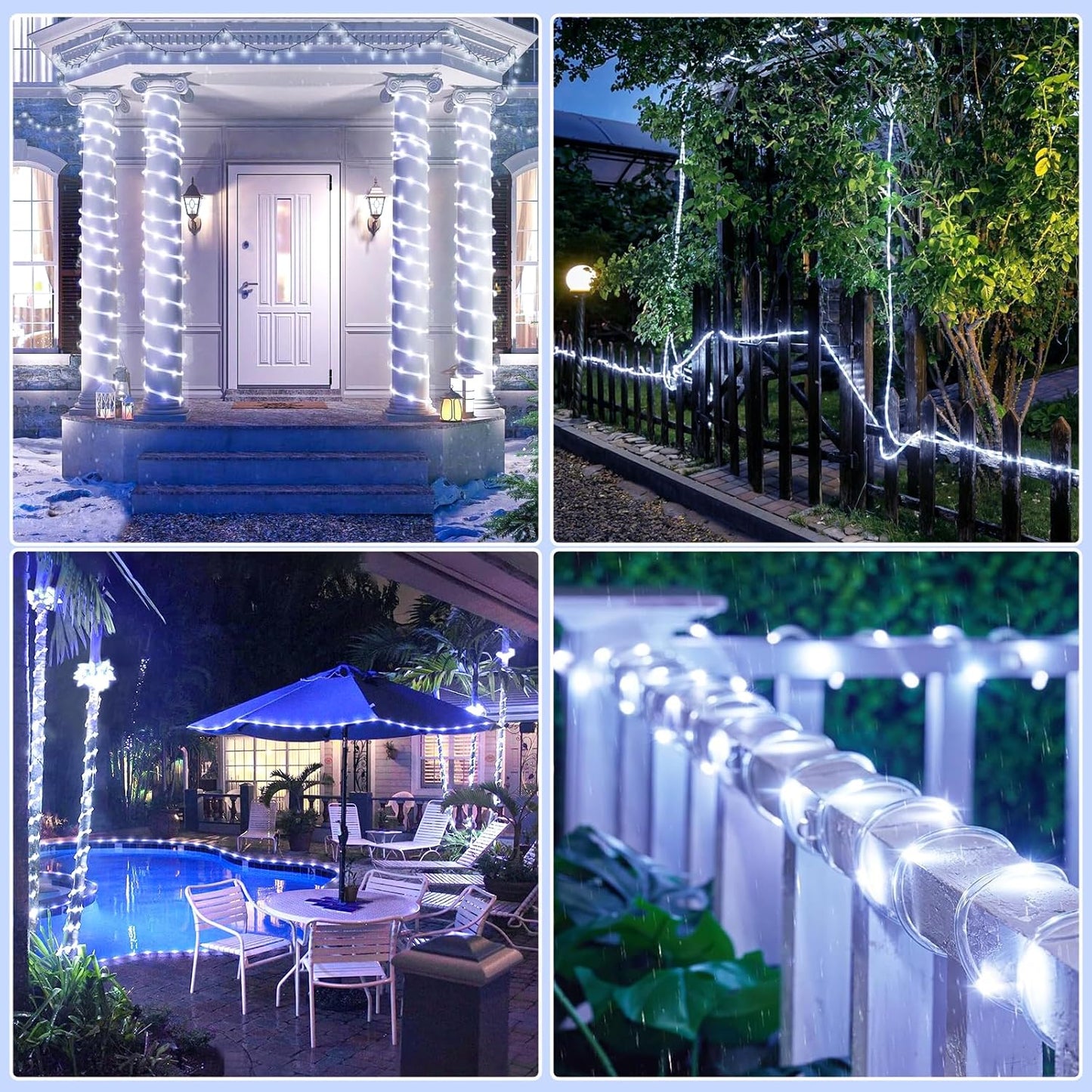 66FT 200 LED Rope Lights for Outside, White Christmas Lights Outdoor Waterproof, 8 Modes Connectable Clear Tube Lights for Indoor Garden, Backyard, Patio, Deck, Pool, Tree Decorations