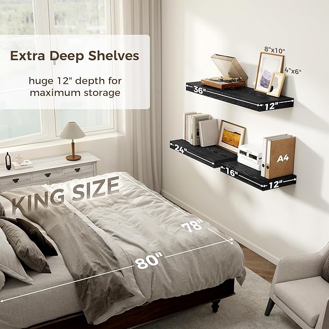 12 Inch Deep Black Floating Shelves, 16 x 12 Floating Shelf for Books, Rustic Wood Deep Wall Shelves for Home Storage & Display, 2" Thicked Shelves for Kitchen, Living Room, Bedroom, 2 Pack