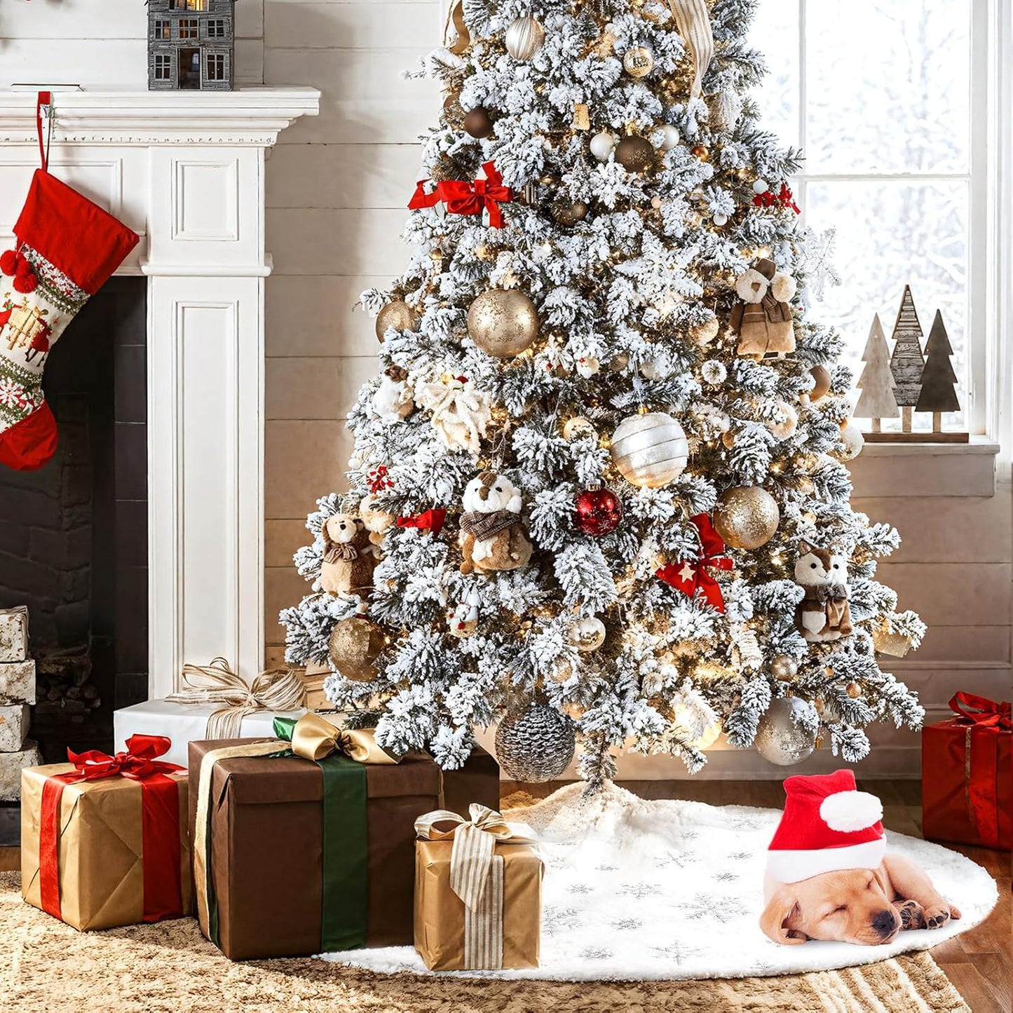 Christmas Tree Skirt 48 Inch, Holiday Part Decorations for Christmas Tree, Whit Plush Sliver Sequin Snowflake Tree Shirt for Xmas