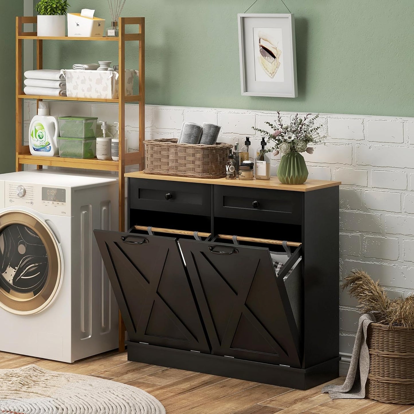 HOMCOM Tilt Out Laundry Hamper Cabinet with 2 Removable Baskets, Freestanding Bathroom Storage Cabinet with 2 Drawers, Trash Can Cabinet for Living Room, Laundry Room, Black
