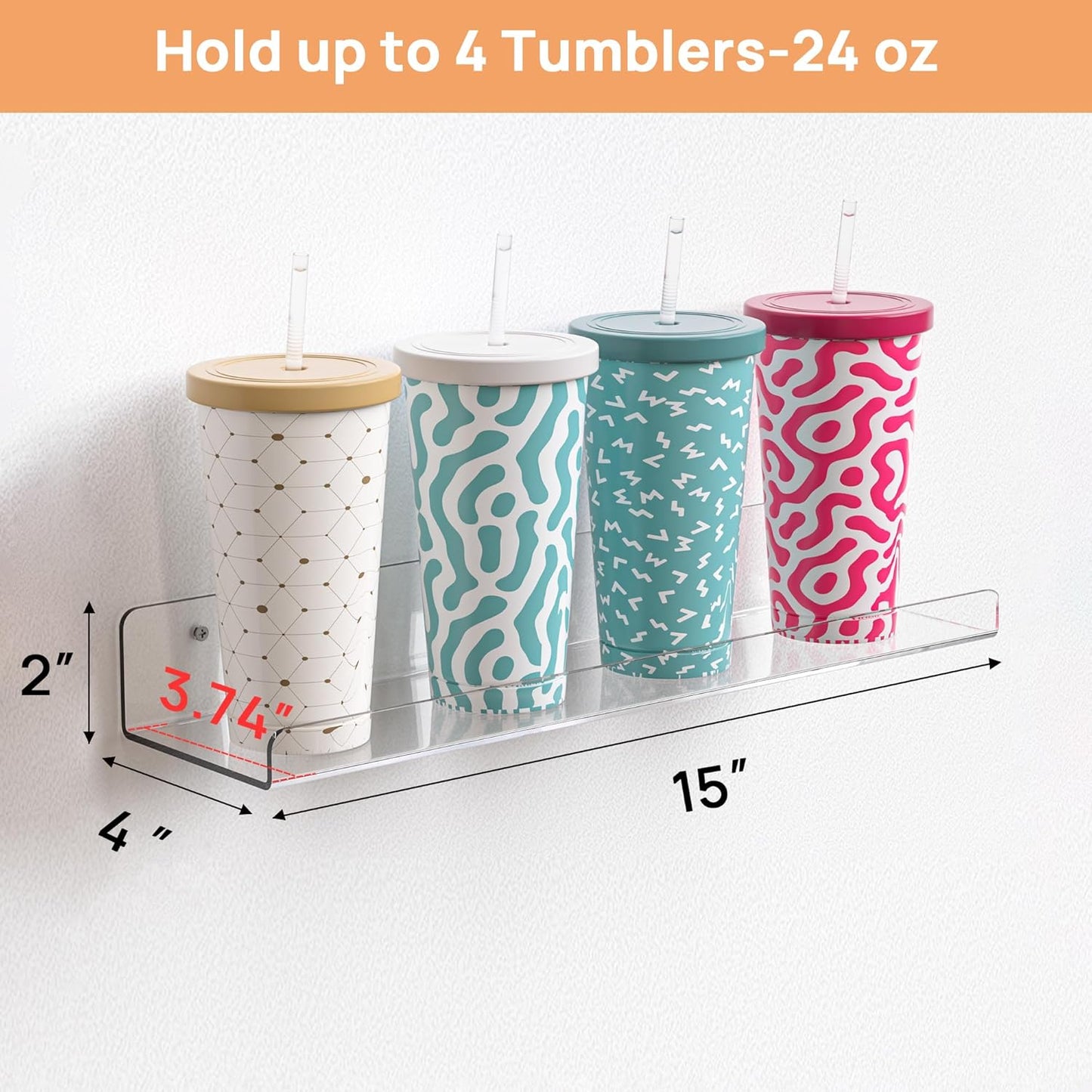 upsimples Acrylic Shelves for Bathroom Storage, 15" Floating Shelves Wall Organizer for Perfume, Make up, Skincare, Kids Bookshelf for Bedroom, Nursery, Living Room Decor, Clear, 2 Pack