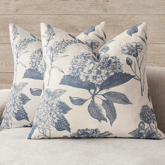Foindtower Set of 2 Linen Floral Vintage Throw Pillow Covers Neutral Accent Print Decorative Cushion Covers Farmhouse Boho Home Decor for Sofa Chair Couch Bedroom Living Room Outdoor,22×22 Inch,Blue