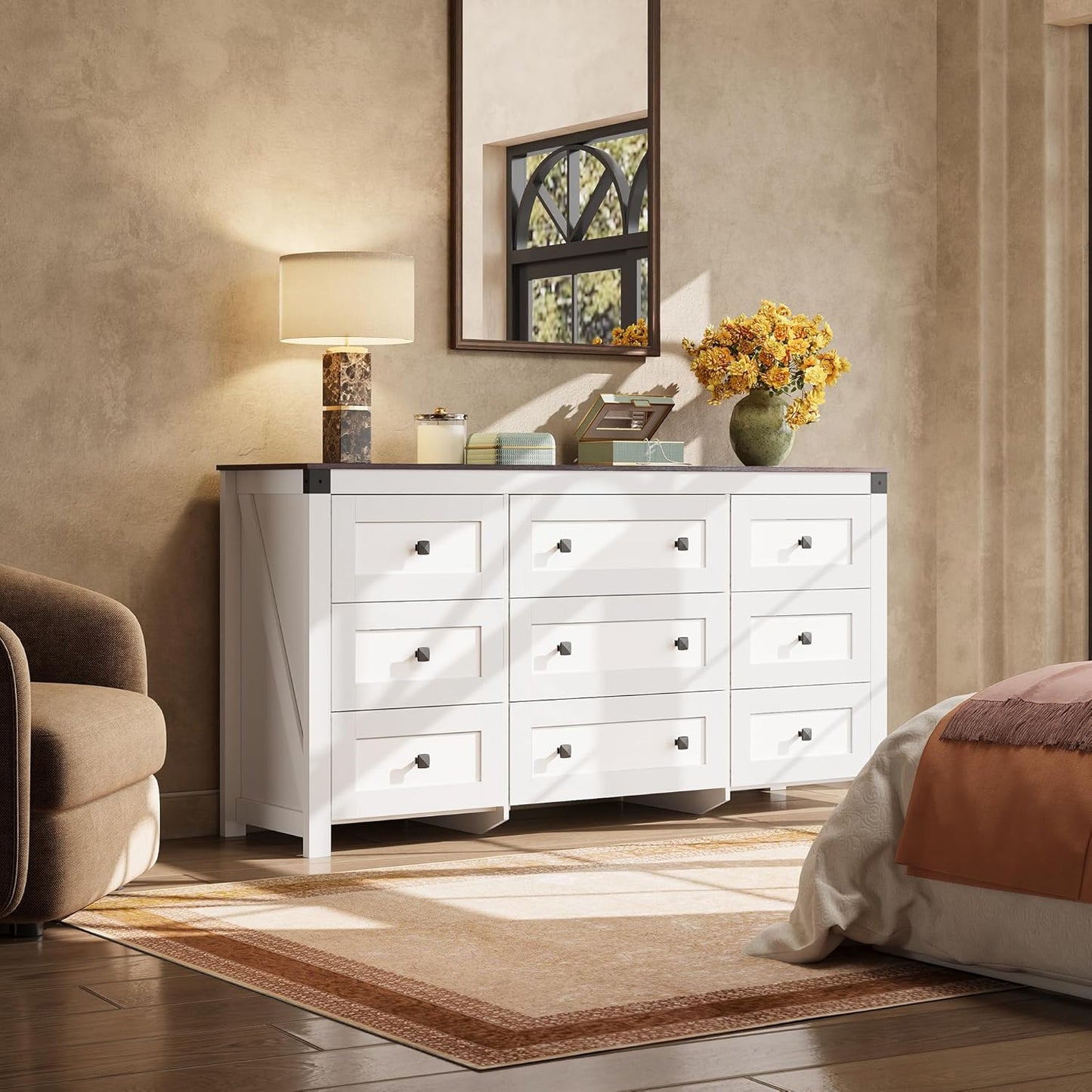 WLIVE Farmhouse Dresser for Bedroom, 63" Wide 9 Drawer Dresser Storage Organizer, Wood Chest of Drawers for Bedroom, TV Stand for 70 inch TV, for Living Room, Hallway, Ball Bearing Slide (White)
