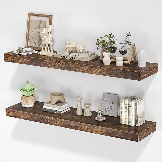 Floating Shelves for Wall, 36"W x 8"D x 1.5"H, Wooden Wall Mounted Display Shelves with Invisible Brackets for Living Room, Bedroom, Bathroom, Kitchen Decor and Storage, Set of 2, Rustic Brown
