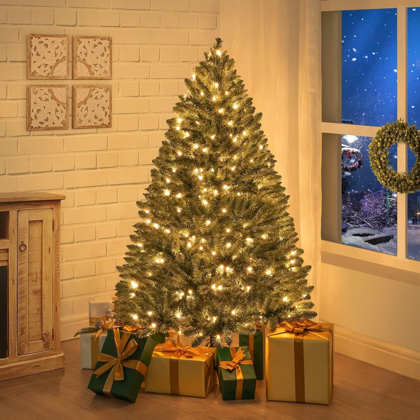 Prague 4.5ft Prelit Artificial Christmas Tree with Foot Pedal, 674 Branch Tips, 250 Warm Lights and Metal Stand, 39" Wide Realistic Spruce Prelit Christmas Tree with Lights by Naomi Home