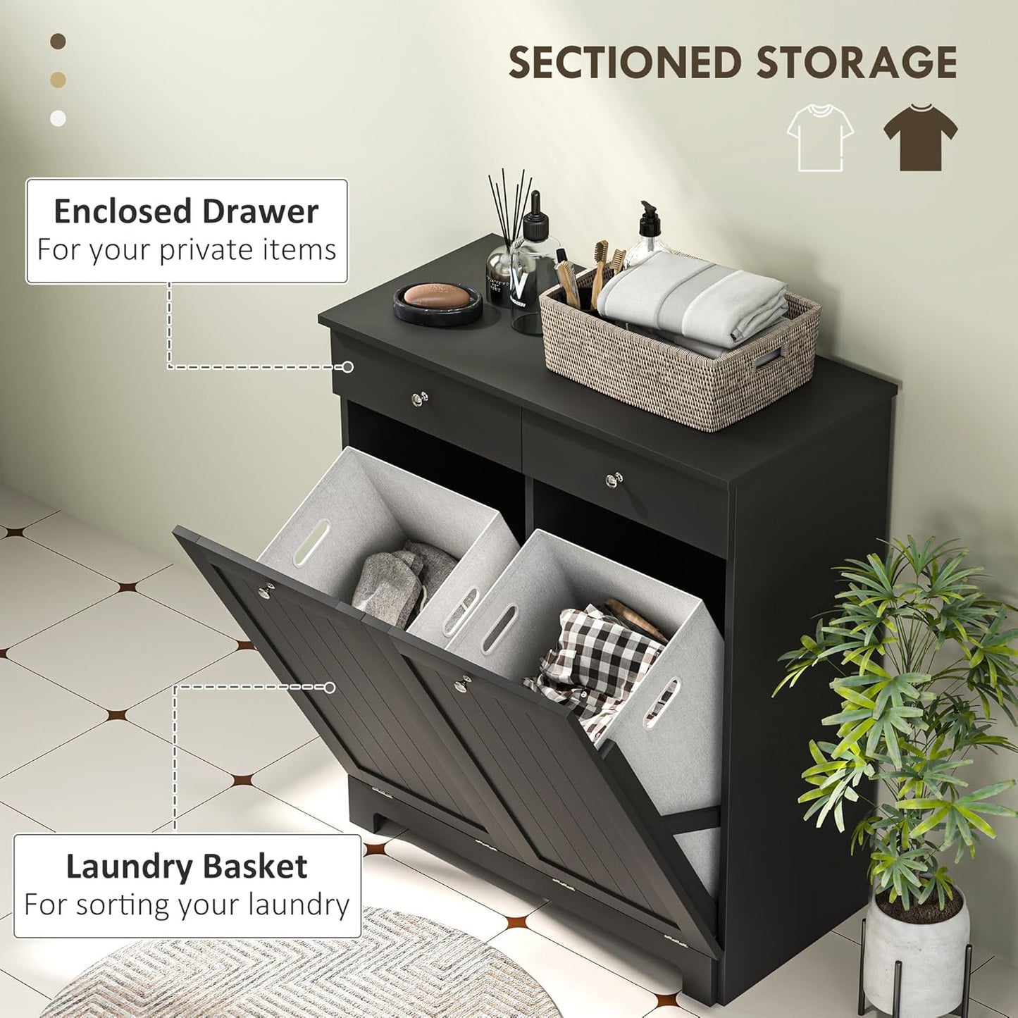 HOMCOM Laundry Hamper Cabinet with 2 Removable Baskets, Tilt Out Laundry Hamper Cabinet with 2 Drawers and 2 Beadboard Doors, Laundry Cabinet Bathroom Storage Cabinet, Black