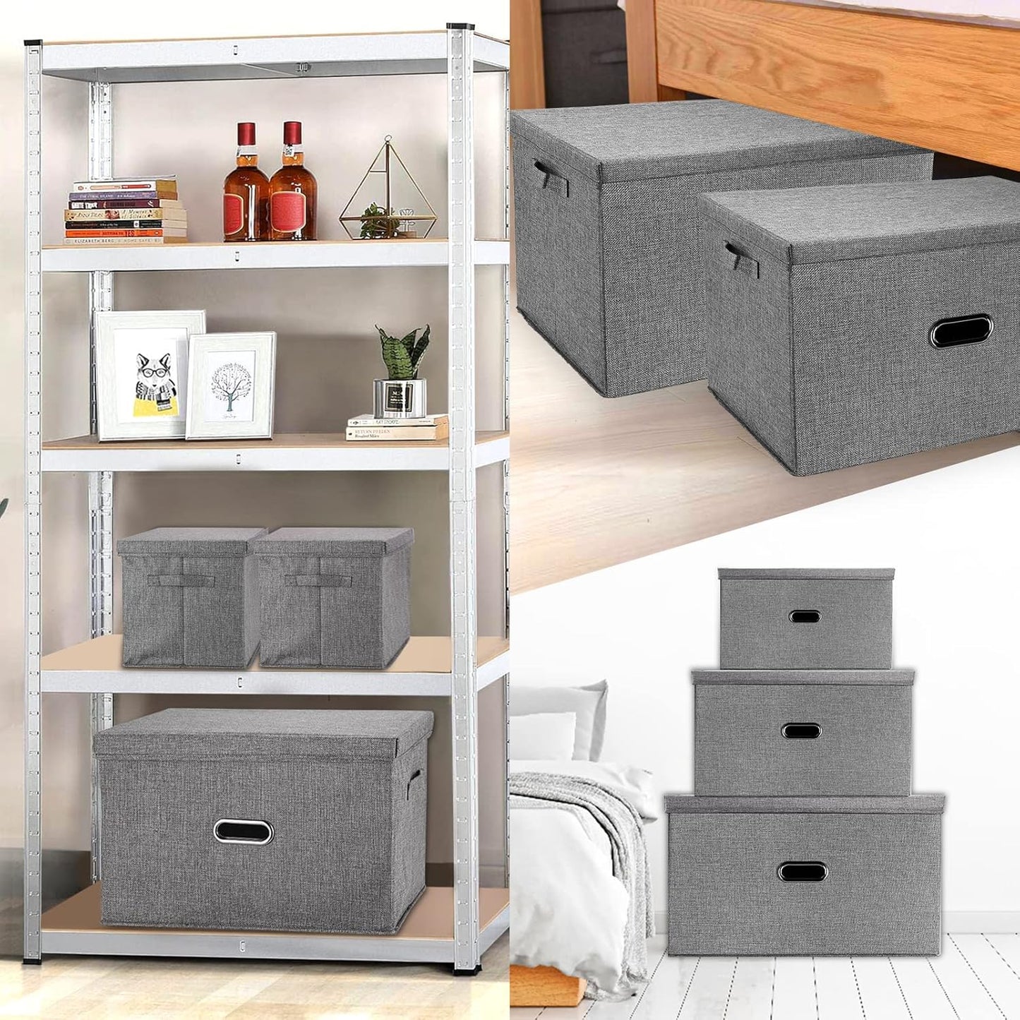 Large Linen Fabric Foldable Storage Bins with Removable Lid and Handles, Washable Storage Box Organizer Containers Baskets Cube with Cover for Bedroom,Office(Black, XXL)