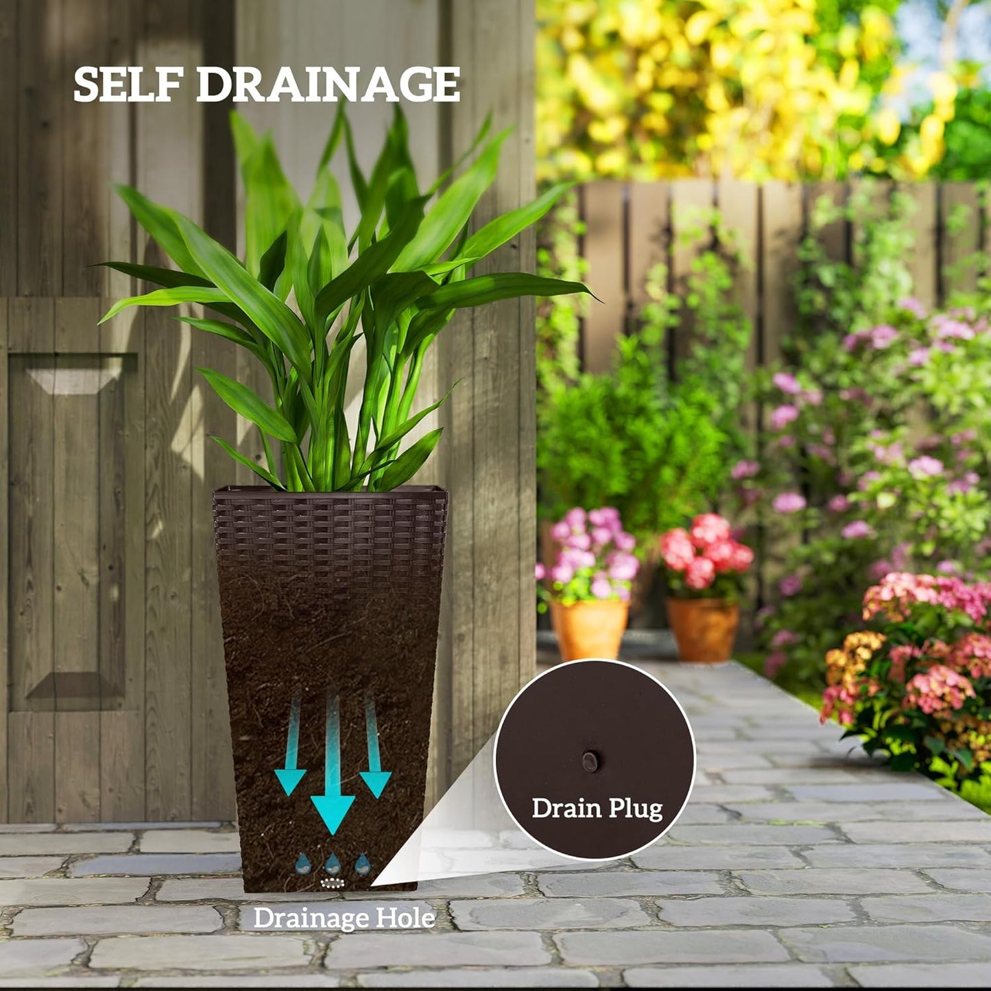Outsunny Tall Planters for Outdoor Plants Set of 3, 24 in Taper Planters with Drainage Holes, Rattan Decor Plant Pots for Indoor Outdoor Front Porch Patio Backyard, Brown