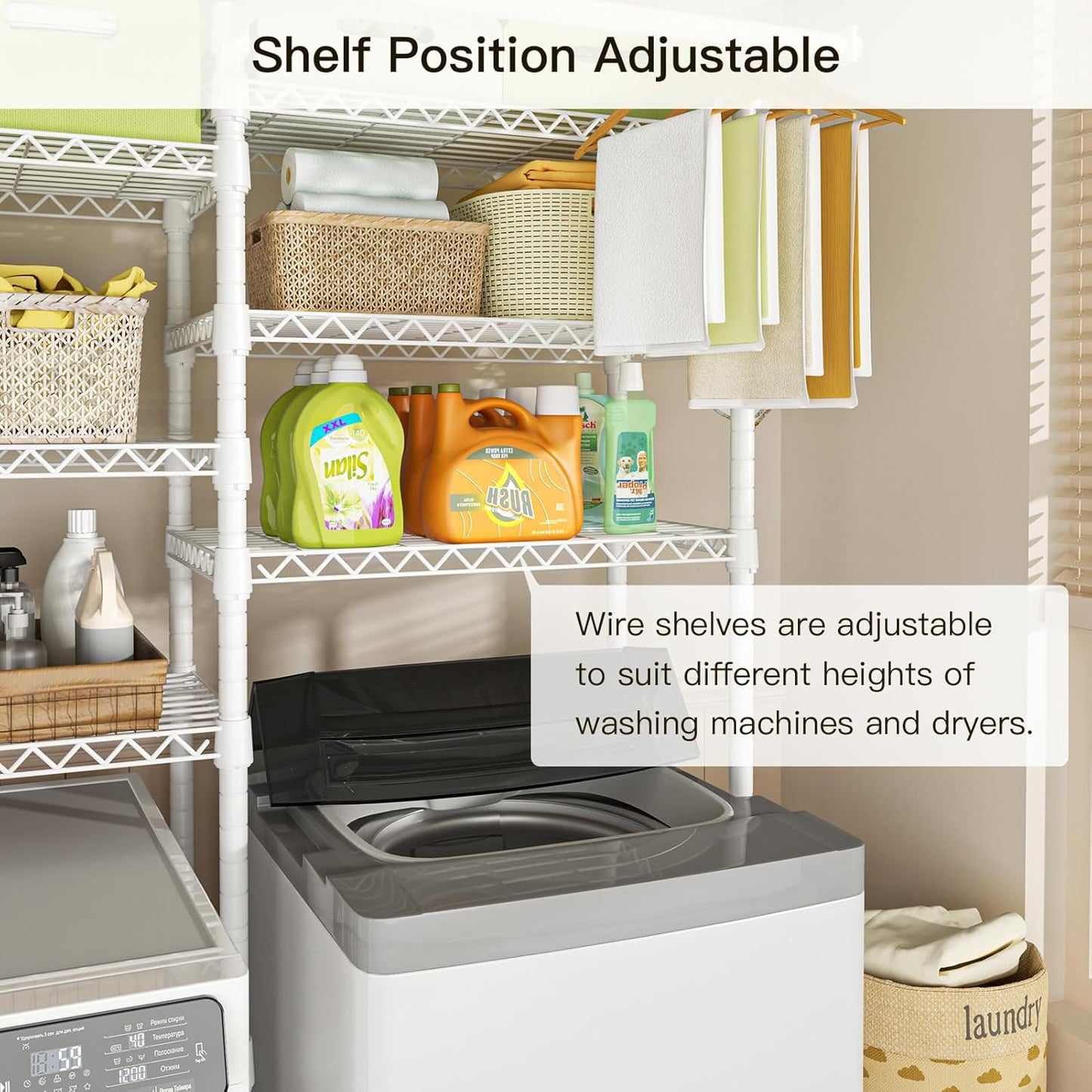 Ulif U13 Medium Over Washer and Dryer Storage Shelves, 6 Tiers Laundry Room Standing Shelf with 2 Hanger Rods, Space Saver Clothes Drying Rack, 57.8" W x 22" D x 77.4" H, White