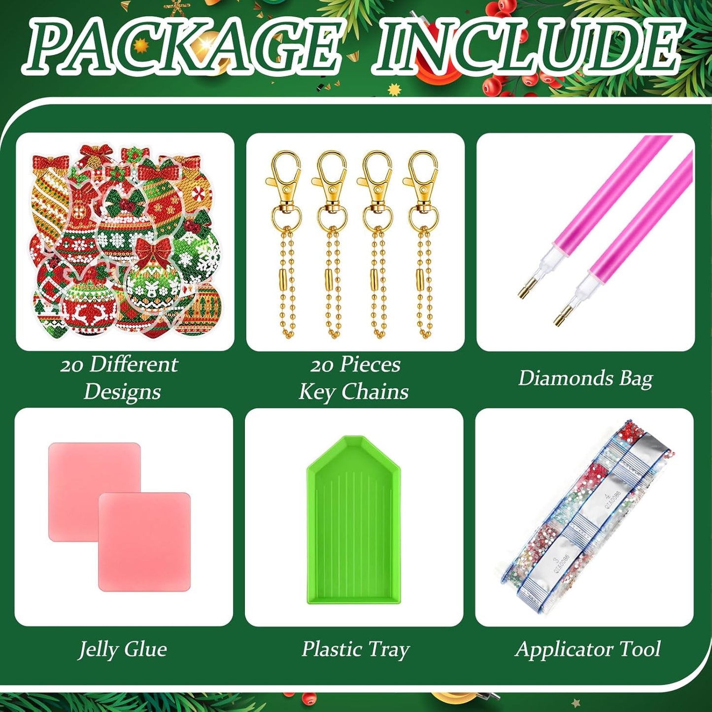 Tondiamo 20 Pcs Christmas Diamond Painting Keychain Kits 5D DIY Diamond Art Pendants Double Sided Hanging Key Chains for Christmas Party Decoration DIY(Balls Style)