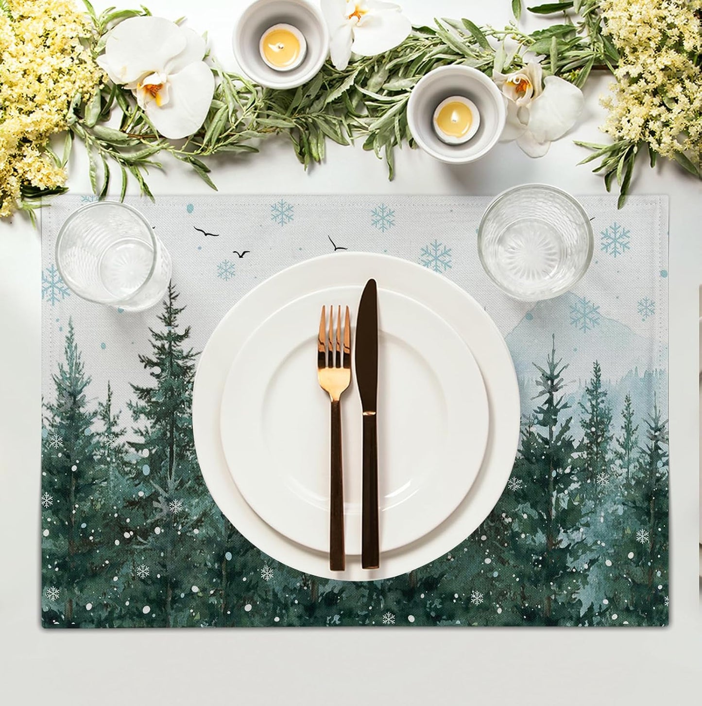 Winter Pine Tree Snowflake Placemats Set of 4 Christmas Snow Green Forest Place Mat 12x18 Inch Seasonal Xmas Holiday Rustic Nature Washable Fabric Table Mats for Farmhouse Kitchen Dining Decoration
