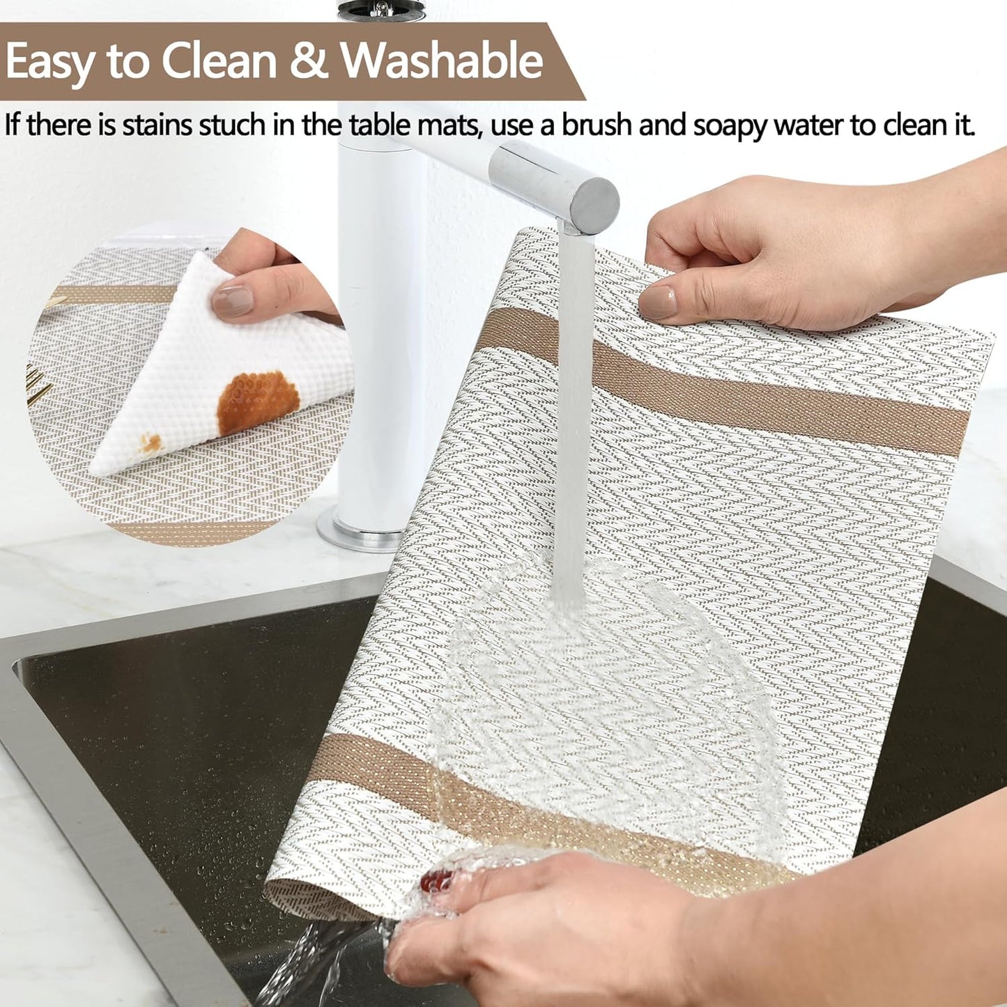 Beige White Placemats Set of 6 - Easy Clean Modern Durable Washable Vinyl Place Mats - Heat Resistant Placemats for Kitchen Table - PVC Table Mats for Dining Table (Beige White with Stripes, 6)