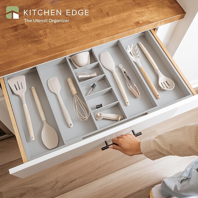 Adjustable Kitchen Drawer Organizer for Utensils and Junk, Food-Safe Contract Grade with 100% Sustainable Wood, Expandable from 19 to 33 Inches Wide - Gray Bamboo