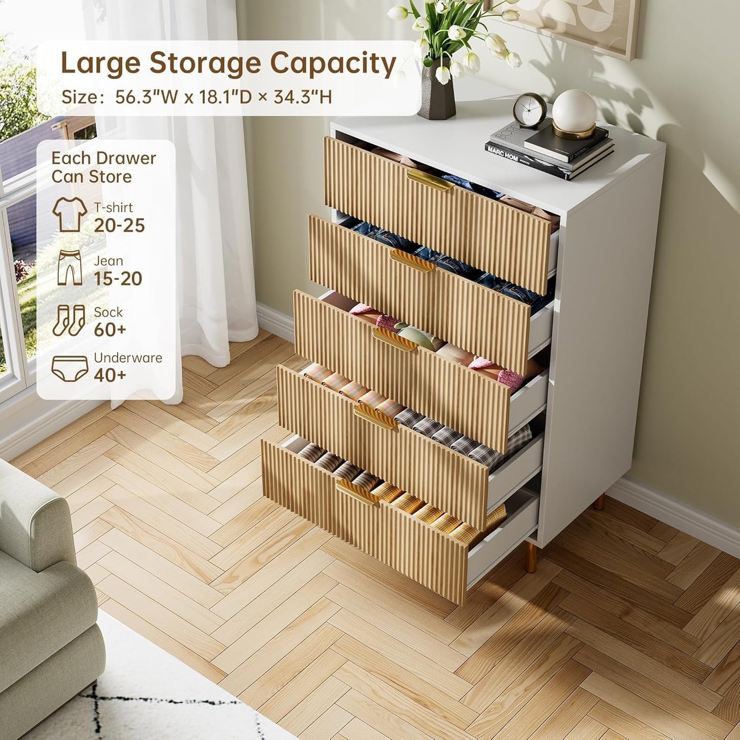 GAOMON 5 Drawer Dresser, Wood Chest of Drawers Organizer Storage with Gold Handle, Tall Storage Cabinet, Modern Design Dresser for Bedroom, Living Room, Closet, Hallway, Entryway, Natural