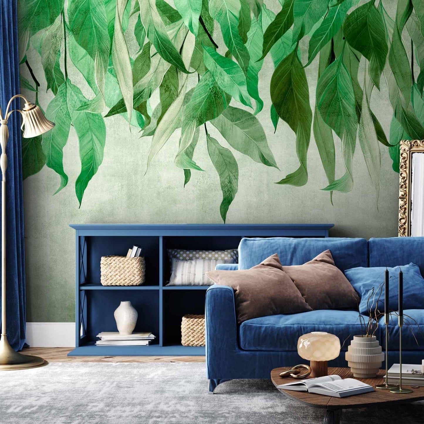 artgeist Premium Wall Mural Hanging Leaves 197x138 in - Non-Woven Wallpaper Fleece Wall Decor Photo Print Picture Image Design Nature Botanical Concrete Green Like Painted b-C-10146-a-a