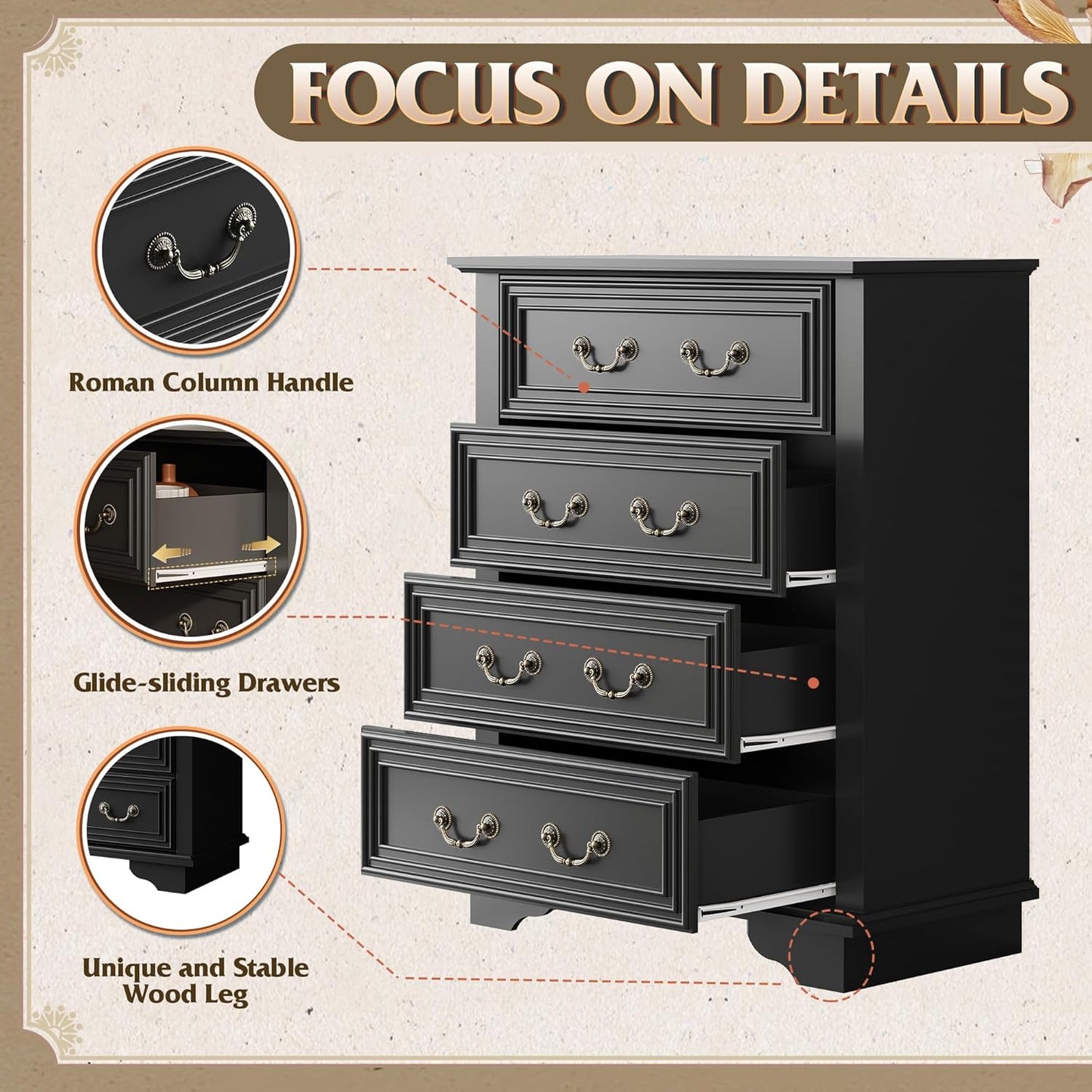 WLIVE Farmhouse Dresser for Bedroom, Tall Wood Dresser with 4 Drawers, Chest of Drawers with Roman Metal Handle for Living Room, Hallway, Closet, Black