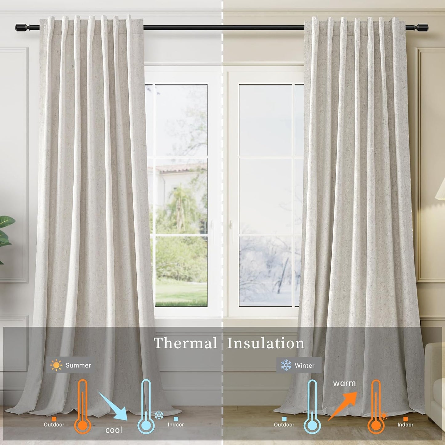 BOODII 63 Inch Blackout Curtains Linen Black Out Curtains for Bedroom 2 Panels Set Neutral Room Darkening Curtain Natural Beige Thermal Insulated Curtain for Nursery Window Drapes Back Tab 52x63