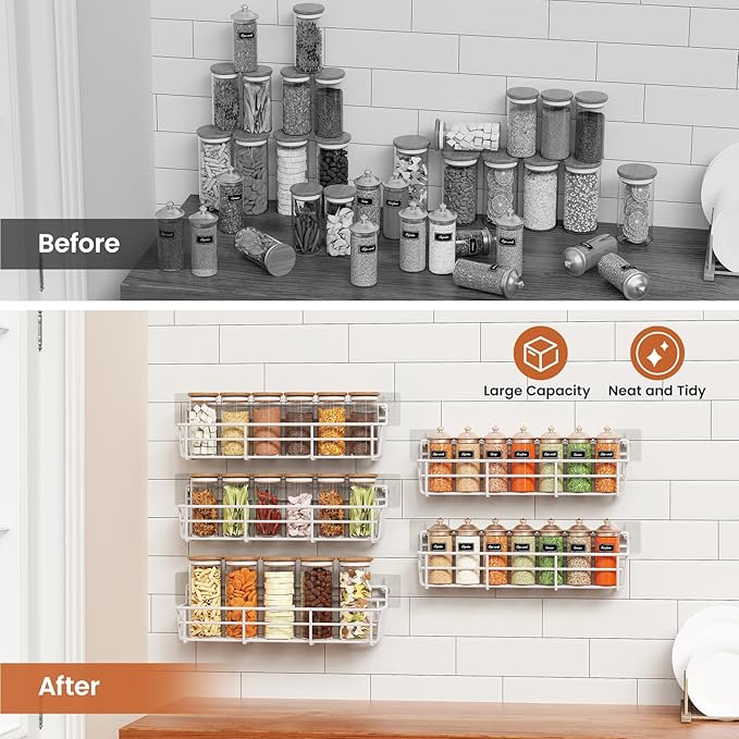 5 Pack Spice Rack Seasoning Organizer Wall Mount, Screw or Adhesive Hanging Shelf Basket Spice Organizer Shelf for Kitchen, White
