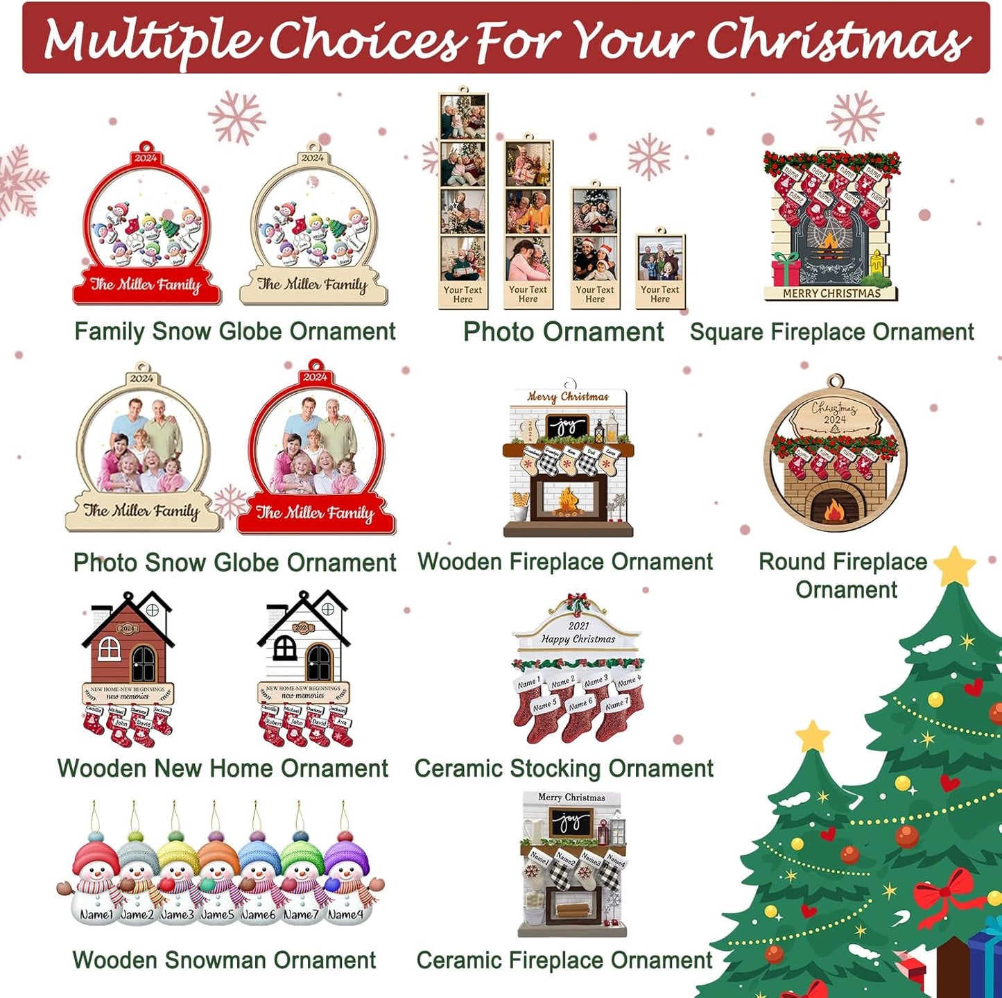 Personalized Christmas Ornaments with Names of 2/3/4/5/6/7/8 Custom Family Ornament Customized Xmas Tree Hanging Wood Decoration Gift White Fireplace