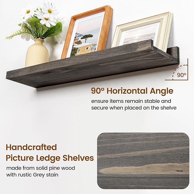 Picture Ledge Shelf, Floating Shelves Set of 2, Solid Pine Wood 72'' Long Large Nursery Book Shelves for Toys Storage, Kids Bookshelf for Living Room Bedroom Decor Books Photo Frames, Grey