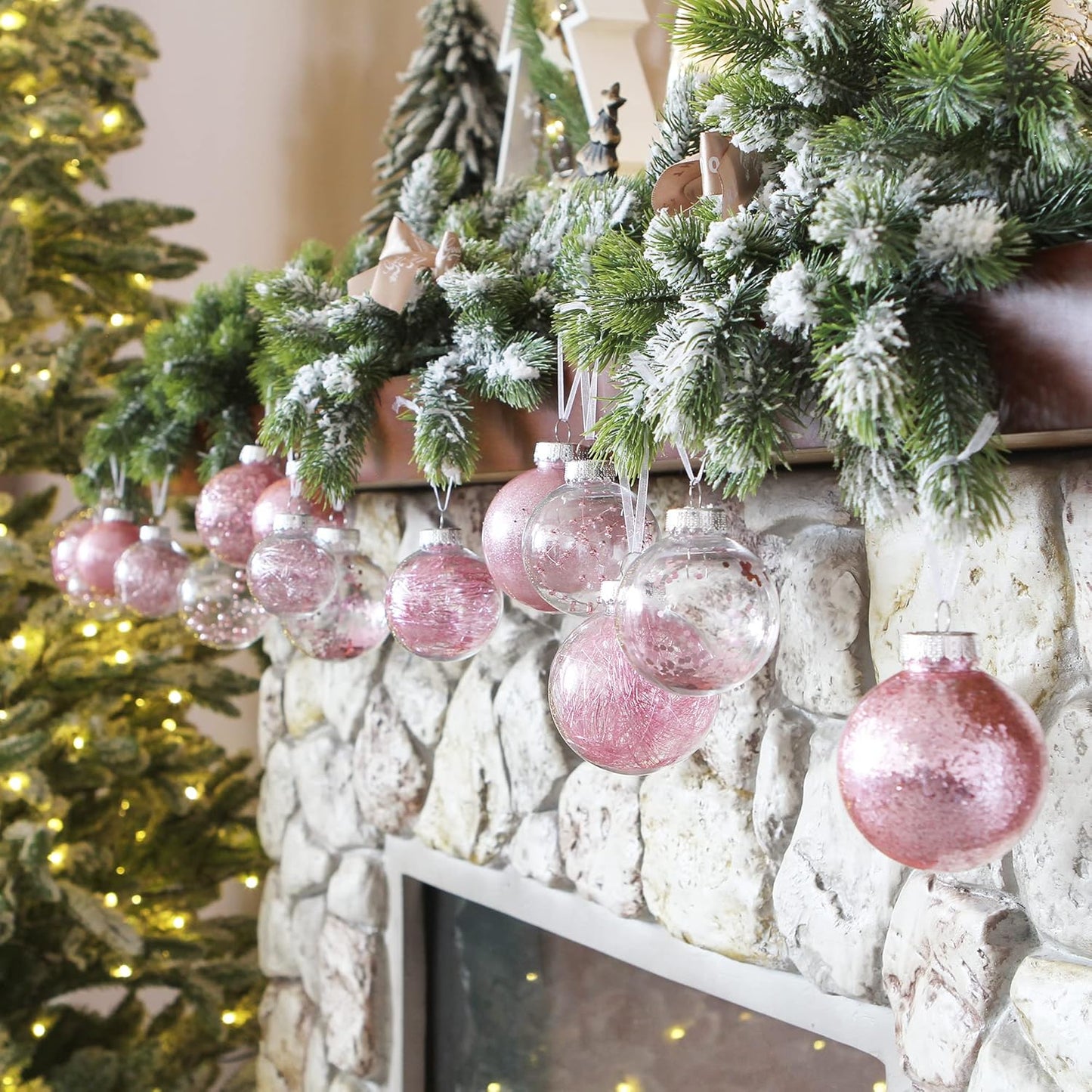 Sea Team Shatterproof Clear Plastic Christmas Ball Ornaments Decorative Xmas Balls Baubles Set with Stuffed Delicate Decorations (70mm/2.76 inch 24-Pack, Pink)